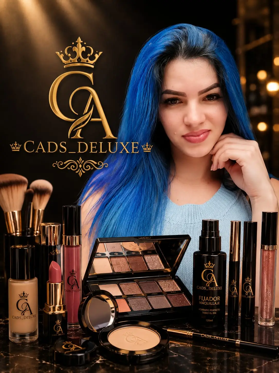 Línea completa de CADS_DELUXE: base, labiales, sombras, fijador y brochas, junto al logo de la marca